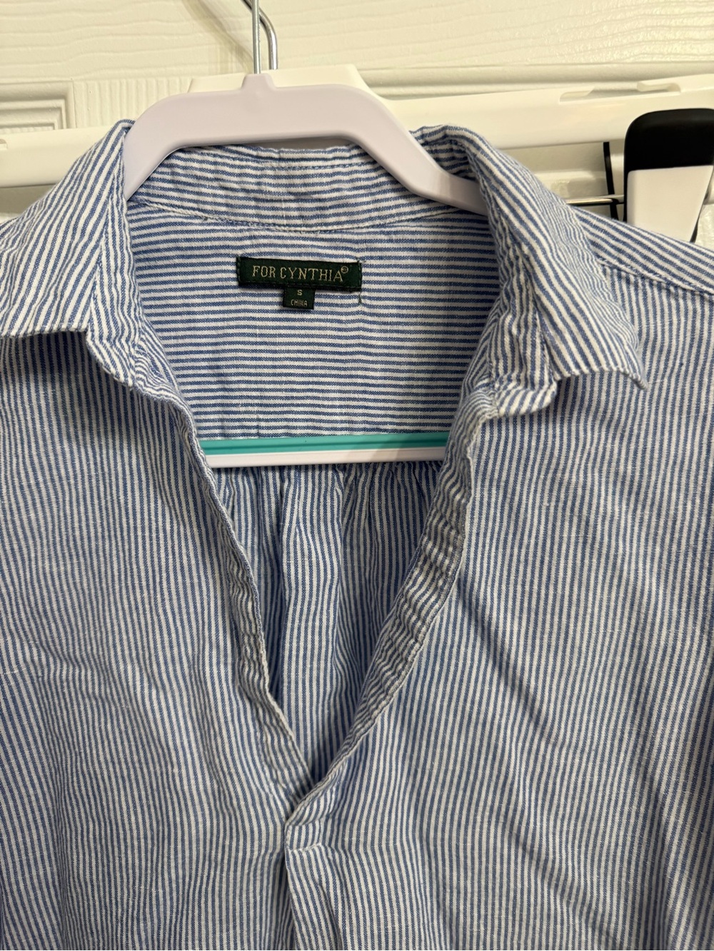 For Cynthia Blue White Striped Linen Blend Popover Tunic Shirt Small Coastal - Picture 4 of 7